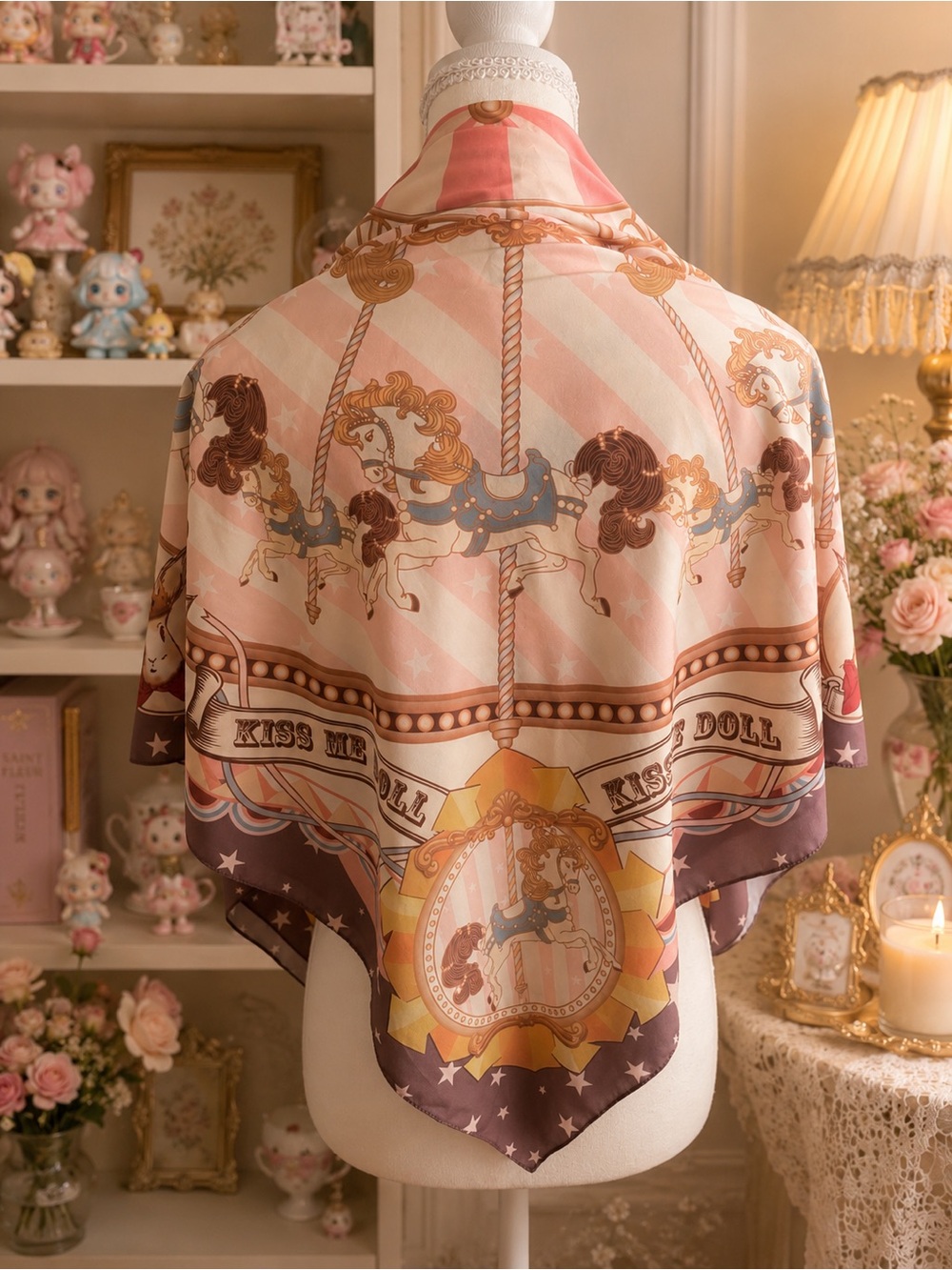 Kiss Me Doll Carousel Horse Print Square Scarf Pink Brown Kawaii